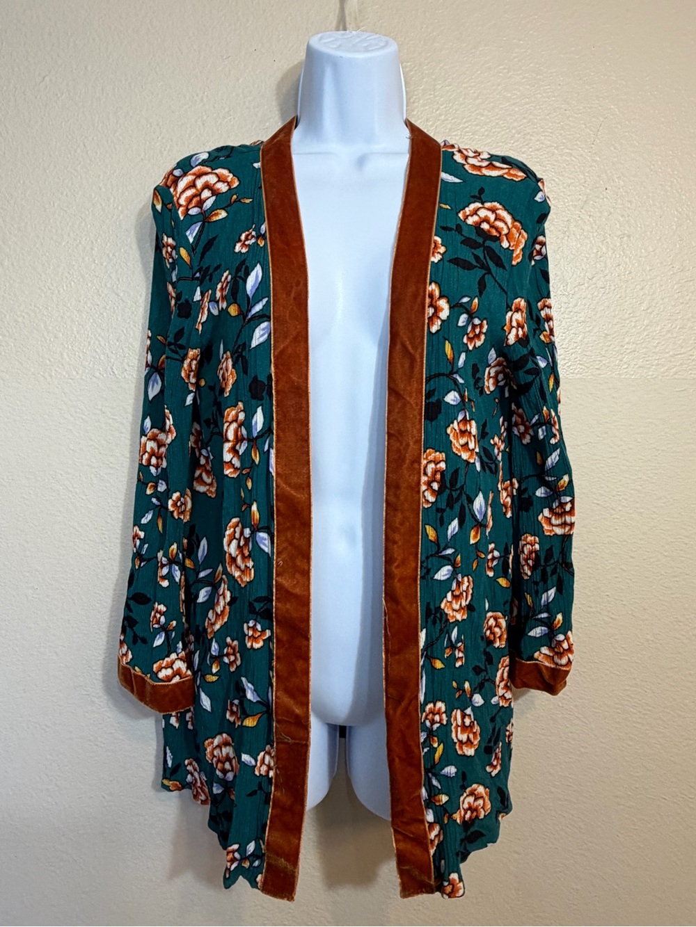 Festival Floral Open-Front Cardigan with Rust velvet Trim small
